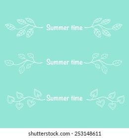 Set of different white isolated contour branches with text "Summer time". Vector illustration.