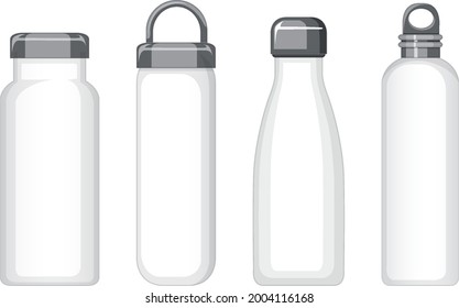 Set of different white metal water bottles isolated illustration