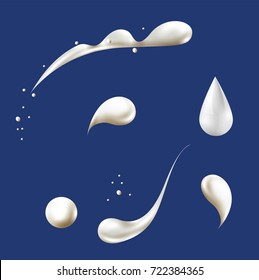 Set of different white milk drops. Vector