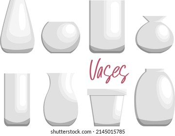 Set of different white pottery, clay crockery. Pots and flower vases of various sizes, shapes. 