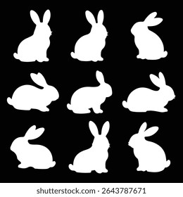  Set of different white rabbits silhouettes. Cutie bunnies. Vector. EPS 10
