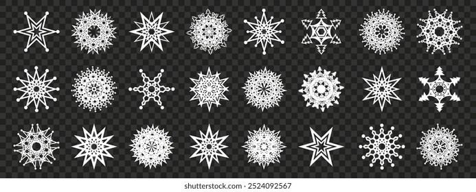 Set of different white snowflakes falling on dark background, for christmas or winter themed designs