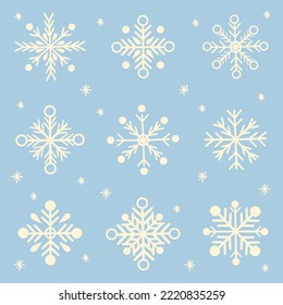 Set aus verschiedenen weißen Schneeflocken. Neujahr-Illustration. Flaches Vektorbild. handgezeichnet