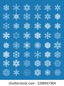 Set of different white snowflakes on a blue background
