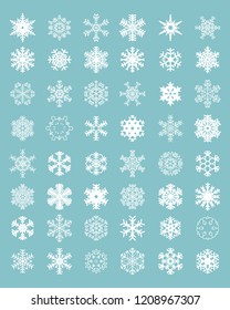 Set of different white snowflakes on a blue background