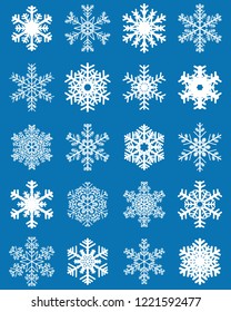 Set of different white snowflakes on a blue background