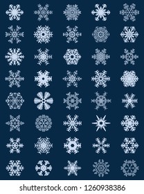 Set of different white snowflakes on a blue background