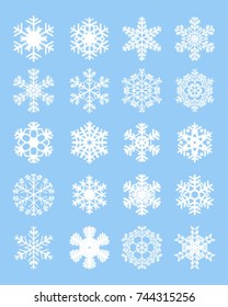 Set of different white snowflakes on a blue background