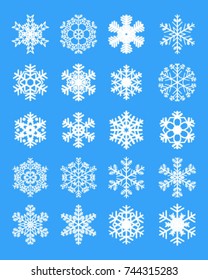 Set of different white snowflakes on a blue background