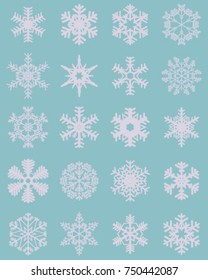 Set of different white snowflakes on a colored  background