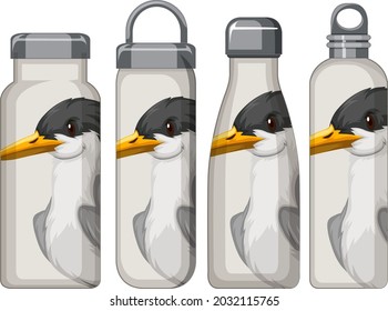 Set of different white thermos bottles with bird pattern illustration