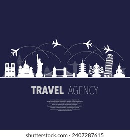 Set of different white world cities sights isolated on dark background with airplanes and travel directions