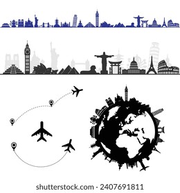 Set of different white world cities sights isolated on white background with airplanes and travel directions