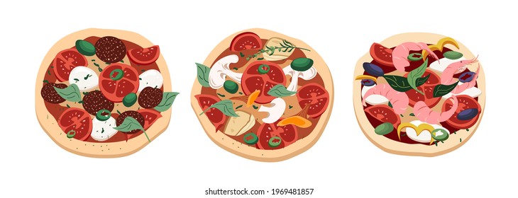 Set of different whole pizzas with pepperoni,salami, mushrooms,champignons,mozzarella and shrimps, cheeses, tomatores.Italian food dish with thick crust.Colored hand-drawn vector top view illustration