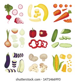 Set of different whole and sliced vegetables. Vector illustration on white background.