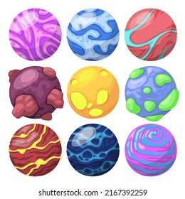 Set of different wide range of space planet designs for producing cartoon and game illustrations or in print projects
