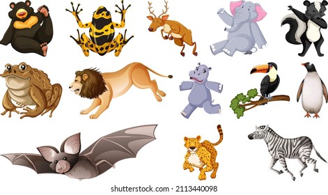 Set of different wild animals cartoon characters illustration