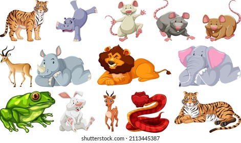 Set of different wild animals cartoon characters illustration