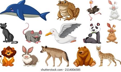 Set of different wild animals cartoon characters illustration