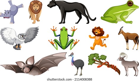 Set of different wild animals cartoon characters illustration