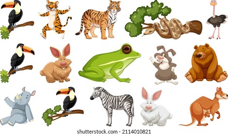 Set of different wild animals cartoon characters illustration