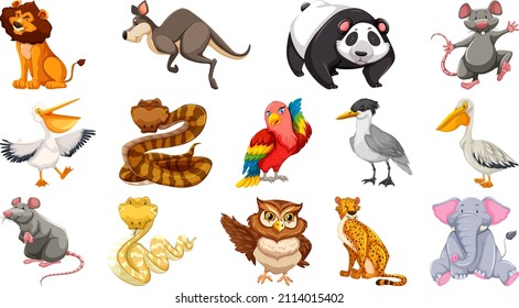 Set of different wild animals cartoon characters illustration