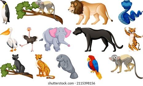 Set of different wild animals cartoon characters illustration