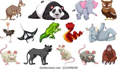 Set of different wild animals cartoon characters illustration