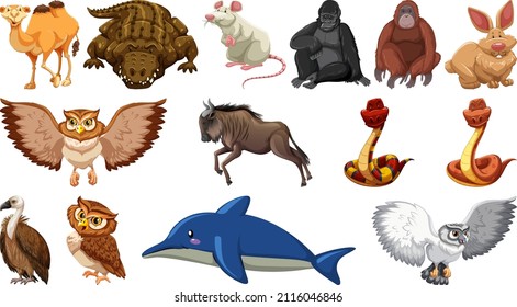 Set of different wild animals cartoon characters illustration