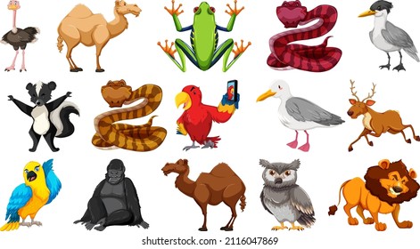 Set of different wild animals cartoon characters illustration