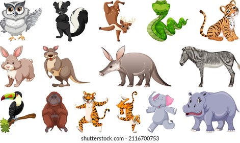 Set of different wild animals cartoon characters illustration