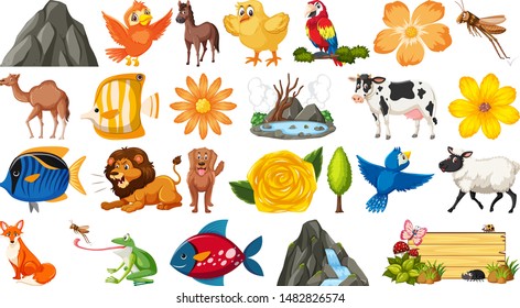 Set of different wild animals on white illustration