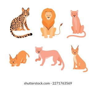 Set verschiedener Wildkatzen. Caracal, Löwe, Cougar, Puma, Ocelot Cartoon, Vektorgrafik