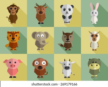 Set of different wild and domestic animals cartoon characters.