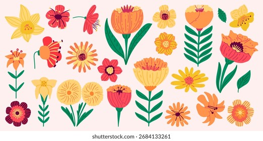 Set of different wild hand drawn flowers. Floral design elements for cards, invitations, social media, and other creative projects.