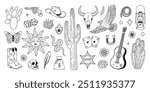 Set of different wild west symbols. Hand drawn illustration in sketch line style.