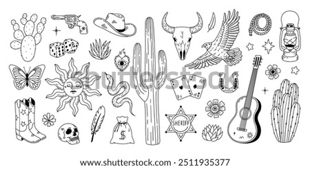 Set of different wild west symbols. Hand drawn illustration in sketch line style.