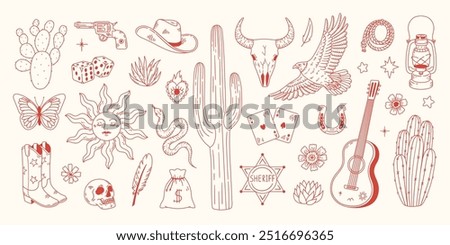 Set of different wild west symbols. Hand drawn illustration in sketch line style.