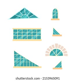 Un conjunto de ventanas diferentes con balcón y otros detalles. Elemento interior. Parte de la fachada de la casa. Marco de ventana. Ilustración vectorial aislada en fondo blanco. Estilo de caricatura.