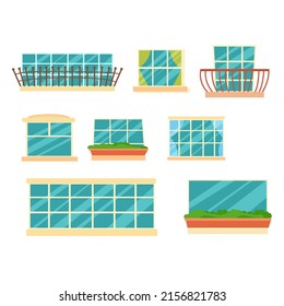 Un conjunto de ventanas diferentes con balcón y otros detalles. Elemento interior. Parte de la fachada de la casa. Marco de ventana. Ilustración vectorial aislada en fondo blanco. Estilo de caricatura.