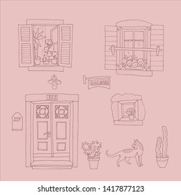 Set of different windows and door. Hand-drawn architectural elements. Vector.