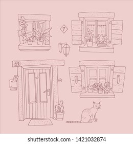 Set of different windows and door. Hand-drawn architectural elements. Vector.