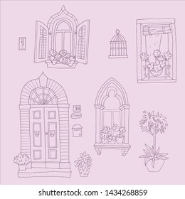 Set of different windows and door. Hand-drawn architectural elements. Vector.