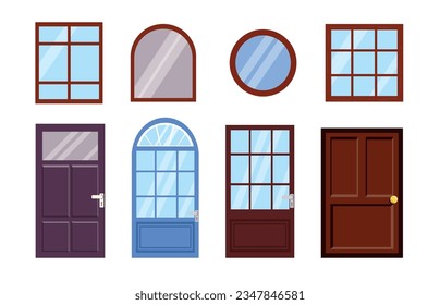 Set of different windows and doors in cartoon style. Vector illustration of beautiful windows and doors with handles and locks of different shapes isolated on white background.