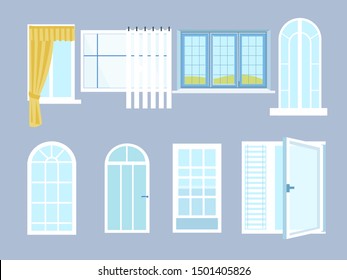 Set different windows with glasses. In minimalist style. Cartoon flat vector illustration