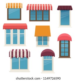 Set of different windows with outside awnings. Architecture elements of the building facades. Vector illustration on white background