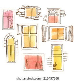 Set of different windows painted in watercolor. Hand-drawn design elements. Vector illustration of different types of windows. Brown contour painted red, yellow and orange watercolor spots.