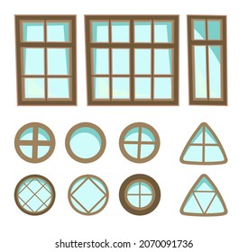 Set of different windows. Simple and flat style. Blue glass. Day. Cartoon cute fairy tale design. Isolated on white background. Vector