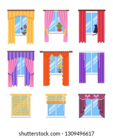 Set of different windows with variation colorful curtains. Vector flat cartoon isolated illustration