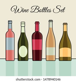 Set of different wine alcohol bottles flat vector style.  Template for pub alcohol menu with glass colorful bottles.